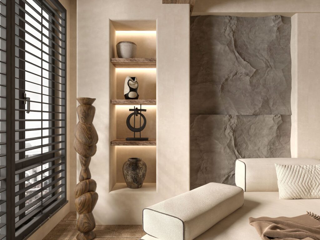 Apartment interior with built in shelves and natural stone feature wall