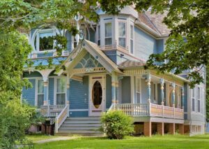 Exterior of beautiful, old Victorian home.