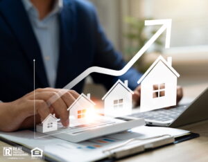 A businessman uses a calculator to determine home price, highlighting real estate investment and portfolio management.