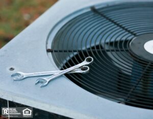 Wrenches on top of the outside air conditioner for repair.