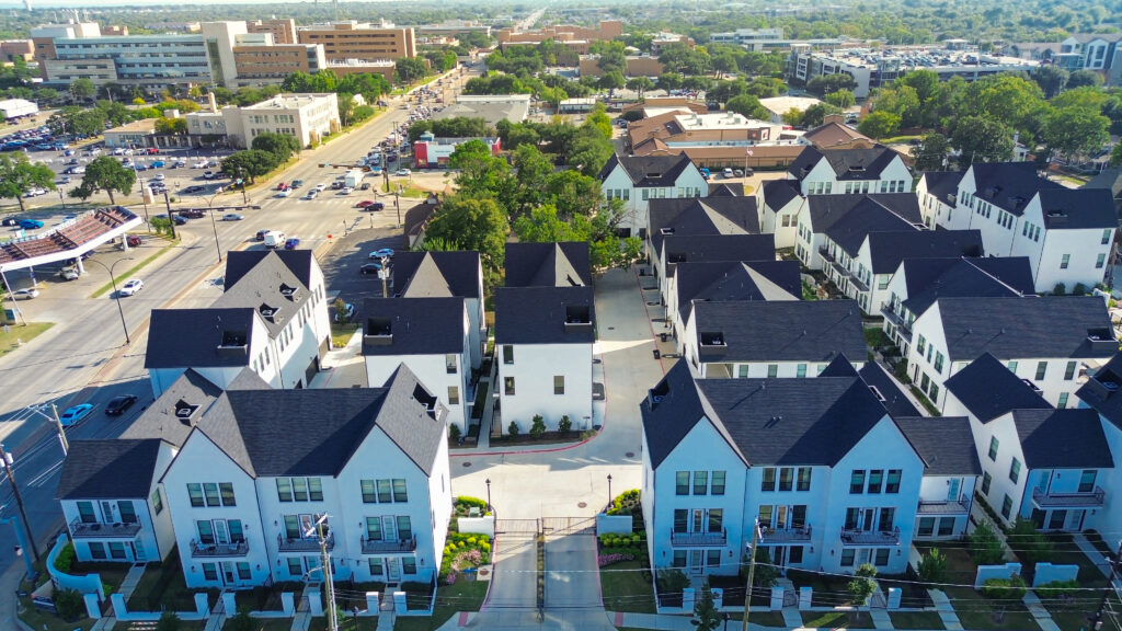 Dense of college campus and commercial buildings in downtown Arlington, Texas.