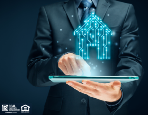 Business Man Holding a Tablet with a Holograph of a Home Above It