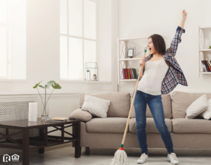 Bountiful Woman Tidying the Living Room