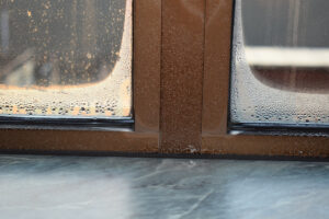 a window wet inside from the cold