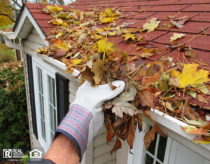 Person Performing Fall Maintenance By Cleaning Gutters