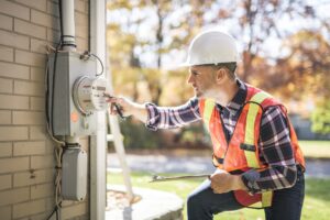 A man with hard hat standing in front of a electric panel.