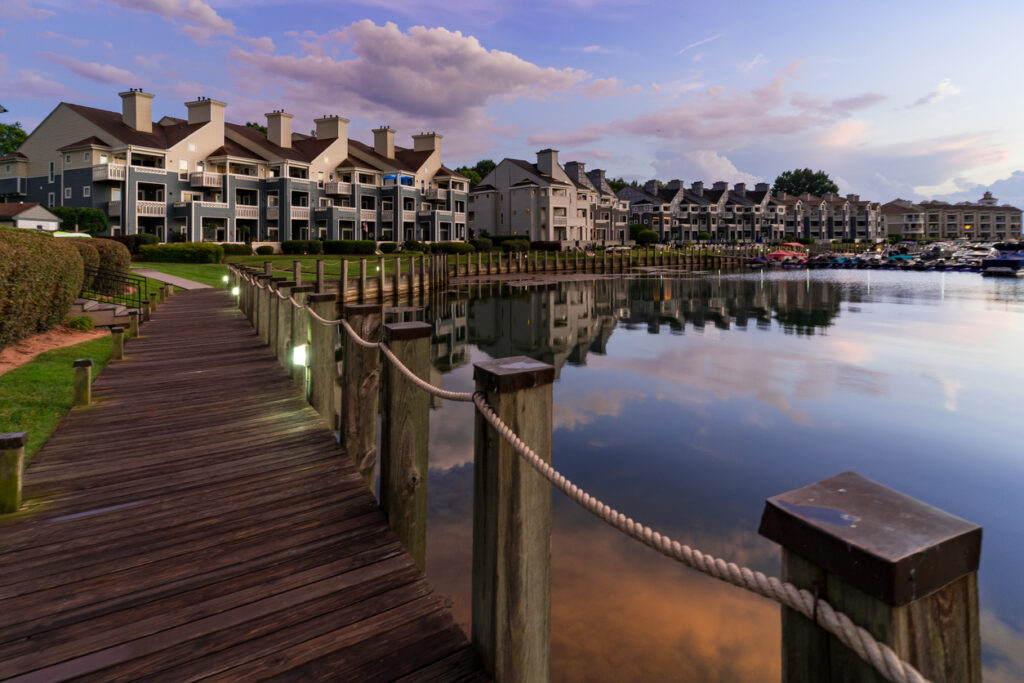Sunset along the boardwalk on Lake Norman, North Carolina on a Cornelius lakefront