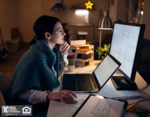 Young female resident working late in her rental home.