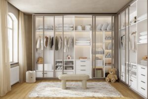 Modern children’s closet with organized wardrobe and soft neutral decor.
