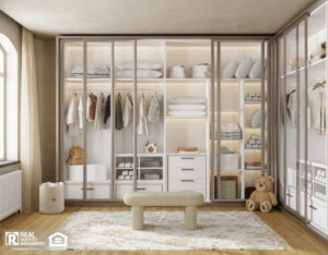 Modern children’s closet with organized wardrobe and soft neutral decor.
