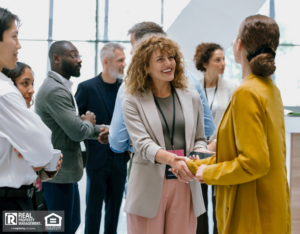 Business professionals shaking hands at a real estate networking event, exchanging ideas and building connections.