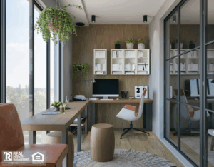 A sleek, modern home office featuring a stylish desk and a comfortable chair.