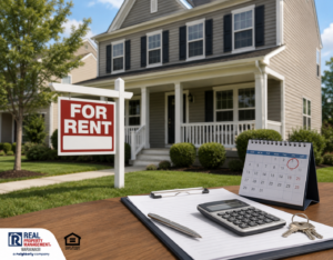 Rental home with for-rent sign, calendar, and calculator illustrating the cost of one month of vacancy for a Greater Philadelphia rental owner.