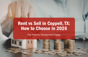A person's hand stacks coins beside a small house model. The text reads, "Rent vs Sell in Coppell, TX: How to Choose in 2026."