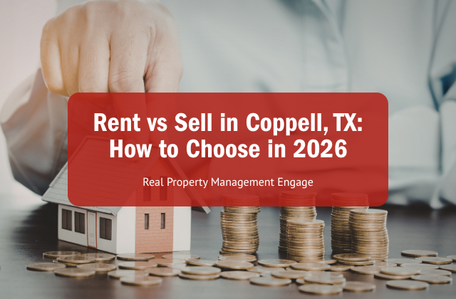 A person's hand stacks coins beside a small house model. The text reads, "Rent vs Sell in Coppell, TX: How to Choose in 2026."