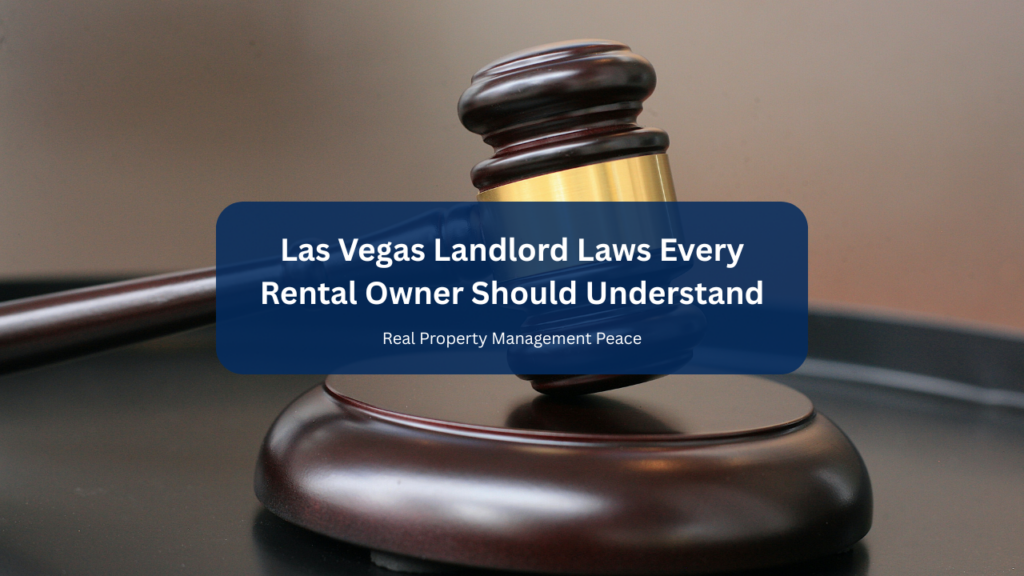A judge's gavel rests on a wooden sound block with text overlay: "Las Vegas Landlord Laws Every Rental Owner Should Understand."