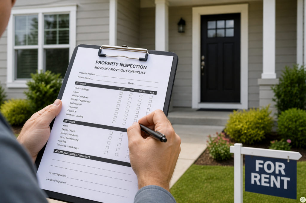 a-person-is-holding-a-property-inspection-checklist-clipboard-in-front-of-a-house-with-a-for-rent-sign