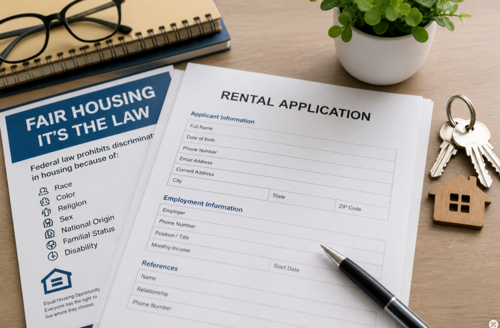 a-rental-application-form-lies-on-a-table-beside-a-fair-housing-pamphlet-keys-a-notebook-and-glasses