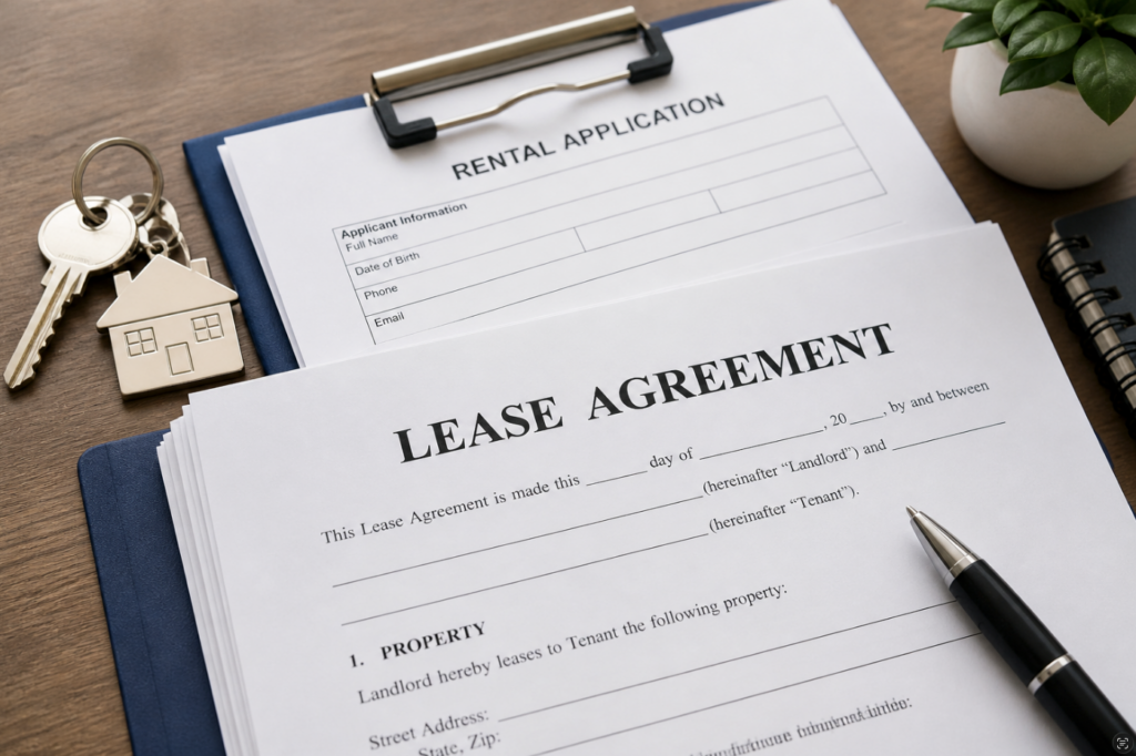 lease-agreement-and-rental-application-forms-on-a-wooden-desk-keys-with-a-house-shaped-keychain-are-visible
