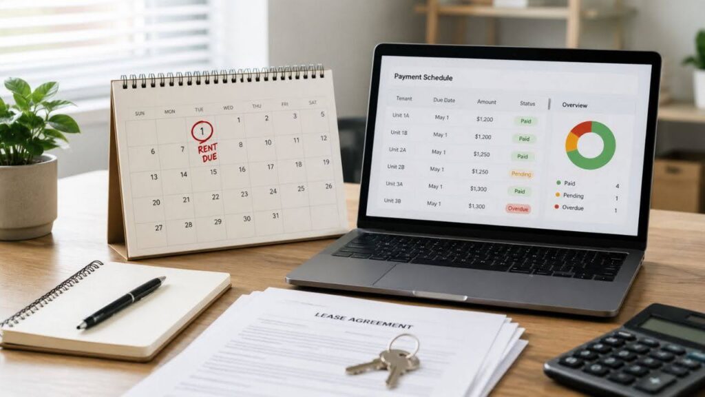 A desk scene with a laptop showing a payment schedule, a calendar marking rent due on the 1st, a lease agreement, keys, a notebook, and a calculator.