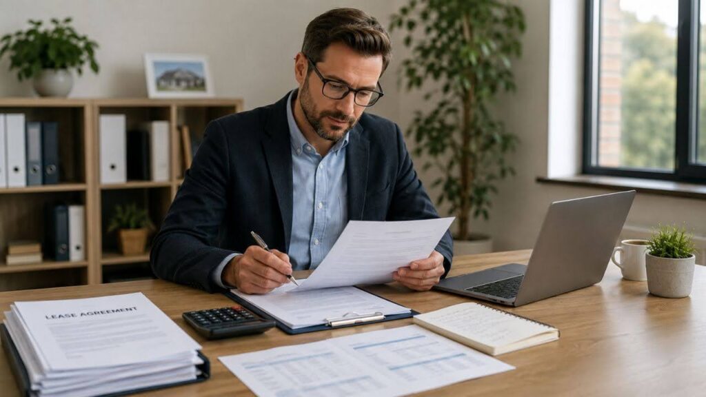 A man in a suit reviews documents at a wooden desk with a laptop, notepad, and calculator. Shelves with files and a small plant are in the background.