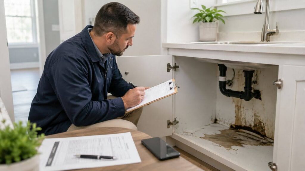 A man in a navy shirt inspects under a kitchen sink, noting details on a clipboard. The cabinet shows water damage. A phone and paperwork are on a nearby table.