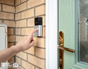 Visitor pressing the button of a wireless smart home door bell.