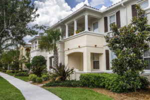 Street view, neighborhood of condominiums.
