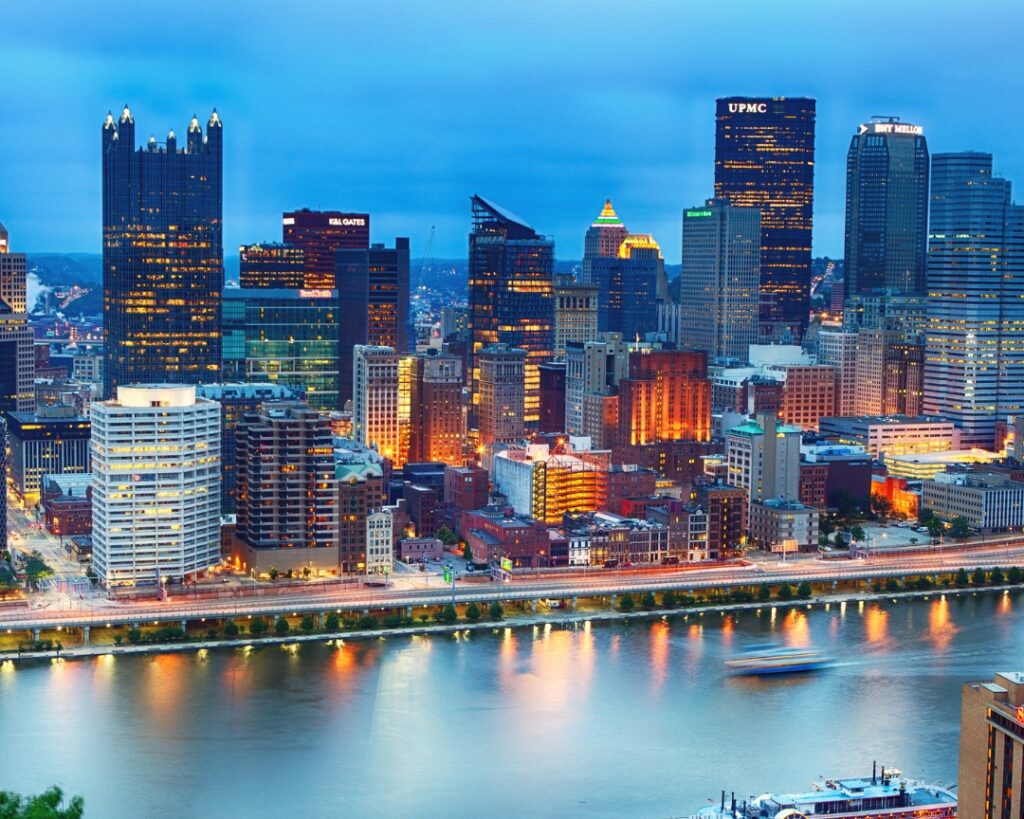 Downtown Pittsburgh, Pennsylvania in the evening.