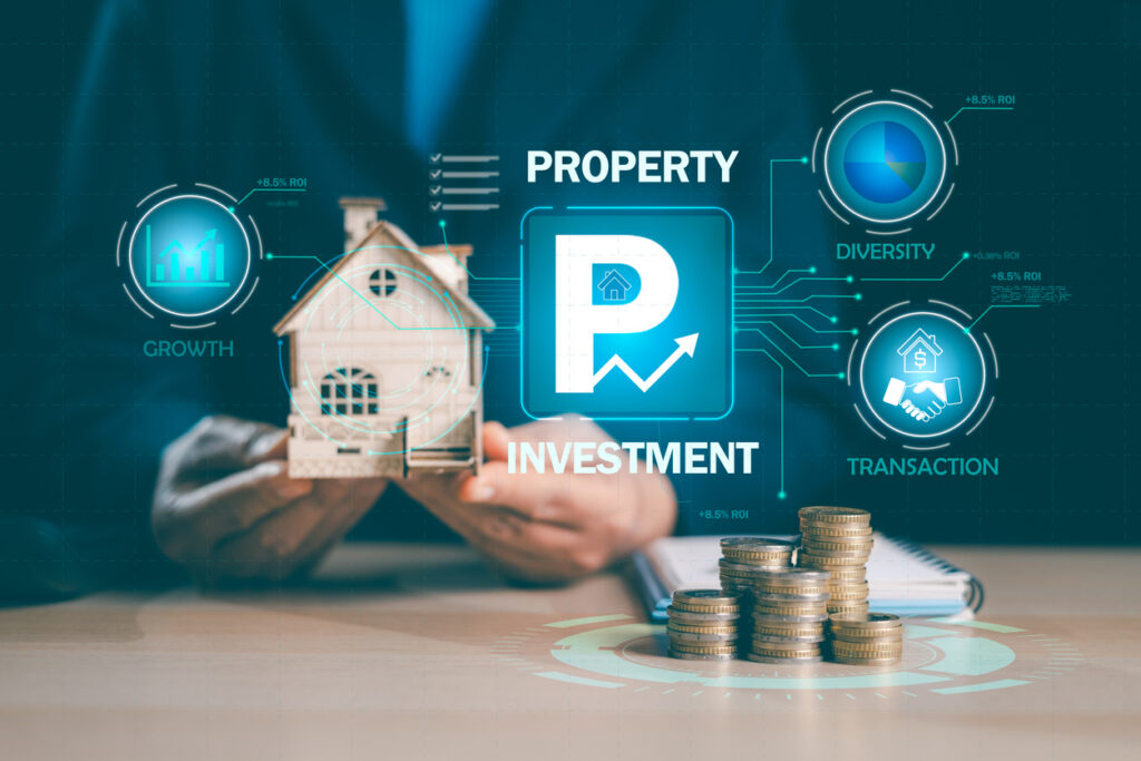 Property investment concept. hands holding house model beside stacked coins with digital HUD showing ROI growth, diversity and transaction icons for real estate finance strategy. Property investment