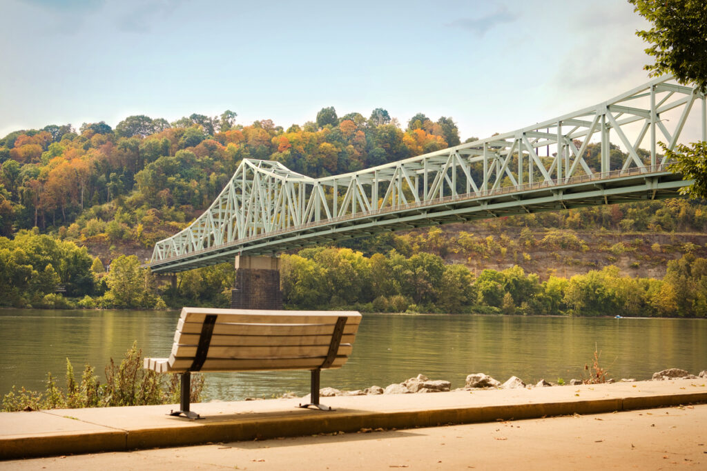 The Sewickley Bridge over the Ohio River in Sewickley, PA which is a suburb of Pittsburgh, PA in the early fall.