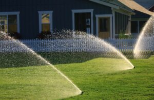 A lawn sprinkler releases a fine mist of water onto a well-maintained grassy lawn, promoting healthy growth and vitality.