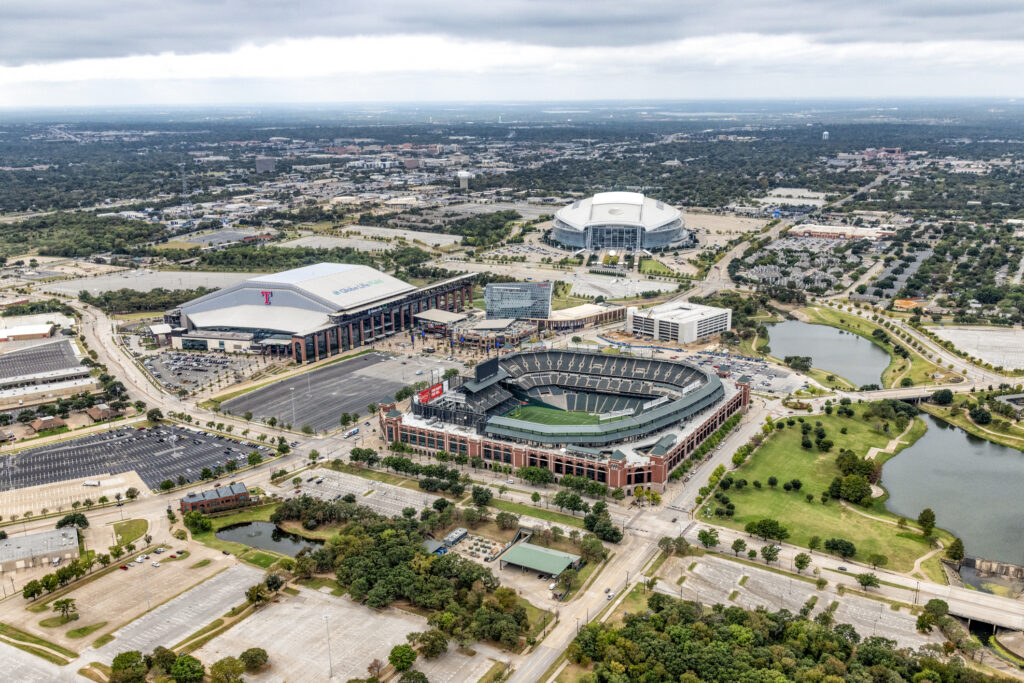 Arlington, United States: Aerial view of the three professional sports venues on adjacent properties just east of Dallas, Texas.