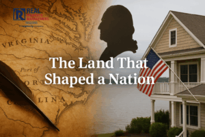 Split image of vintage Virginia map and a Northern Neck riverside home with U.S. flag, symbolizing historical roots and real estate opportunity.