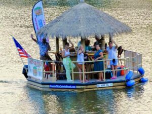 Floating tiki bar cruising the Potomac River in Colonial Beach, Virginia