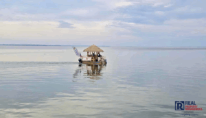 Floating tiki bar cruising the Potomac River in Colonial Beach, Virginia