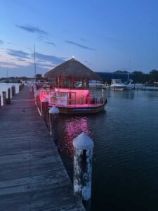 Cruisin’ Tikis boat docked at Colonial Beach Yacht Center, ready for passengers.