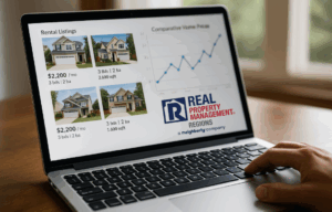 Property manager analyzing Virginia rental market data on laptop