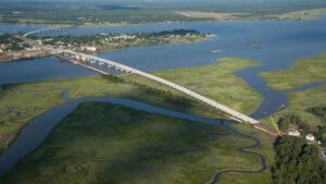 Aerial view of West Point, Virginia, showing the bridges where the Mattaponi and Pamunkey Rivers meet to form the York River.