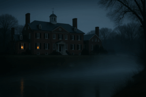 Chatham Manor overlooking the Rappahannock River on a foggy Halloween night