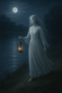 Ghostly figure of the Lady in White walking along the Rappahannock River near Chatham Manor.