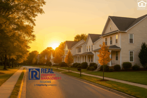 A quiet Virginia neighborhood street at golden hour, symbolizing stability, community, and real estate opportunity across the Northern Neck and Middle Peninsula.