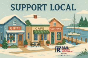 Support Local illustration featuring coastal shops, café, and waterfront pier in a winter scene, promoting small business support in Virginia’s coastal communities.
