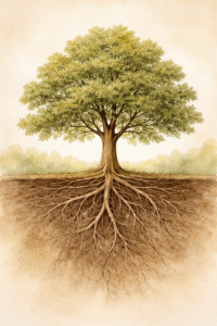Illustration of a mature tree with deep roots, symbolizing legacy, long-term thinking, and stewardship.