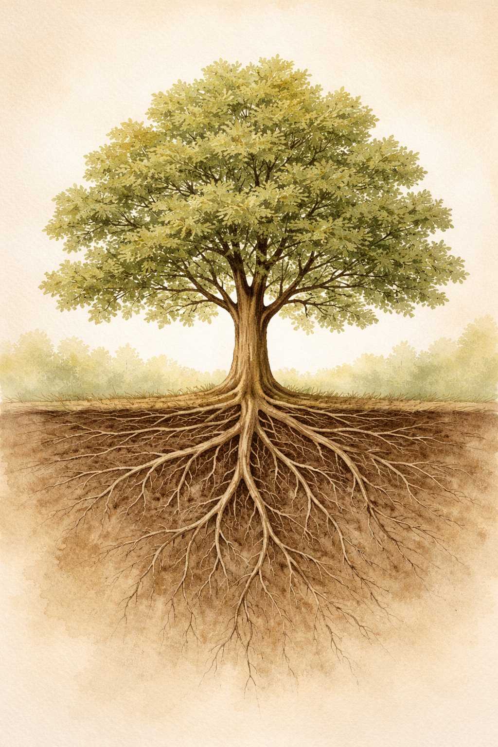 Illustration of a mature tree with deep roots, symbolizing legacy, long-term thinking, and stewardship.