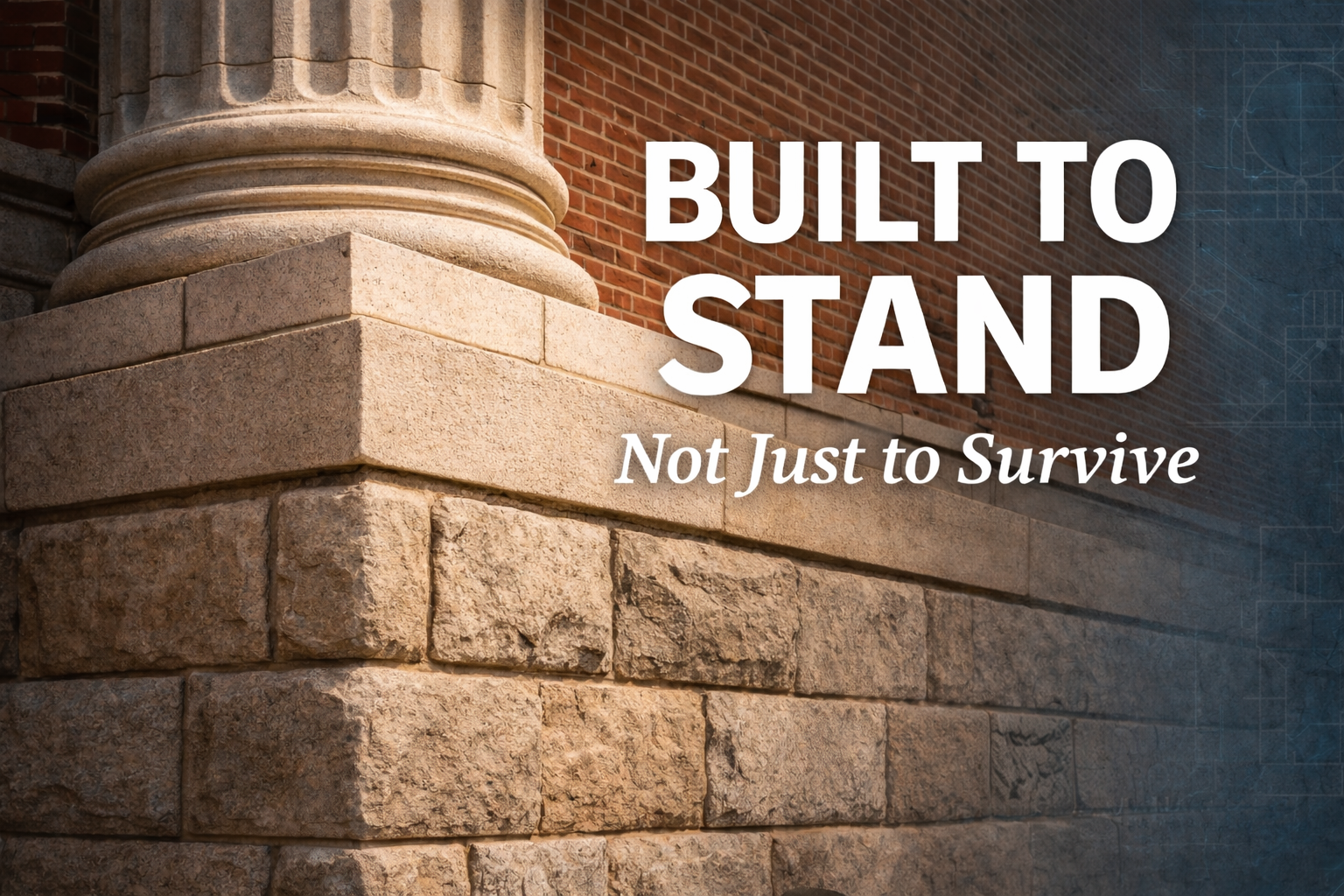 Built to Stand — Not Just to Survive blog graphic featuring a strong stone foundation and column symbolizing resilience, leadership, and legacy during Black History Month.