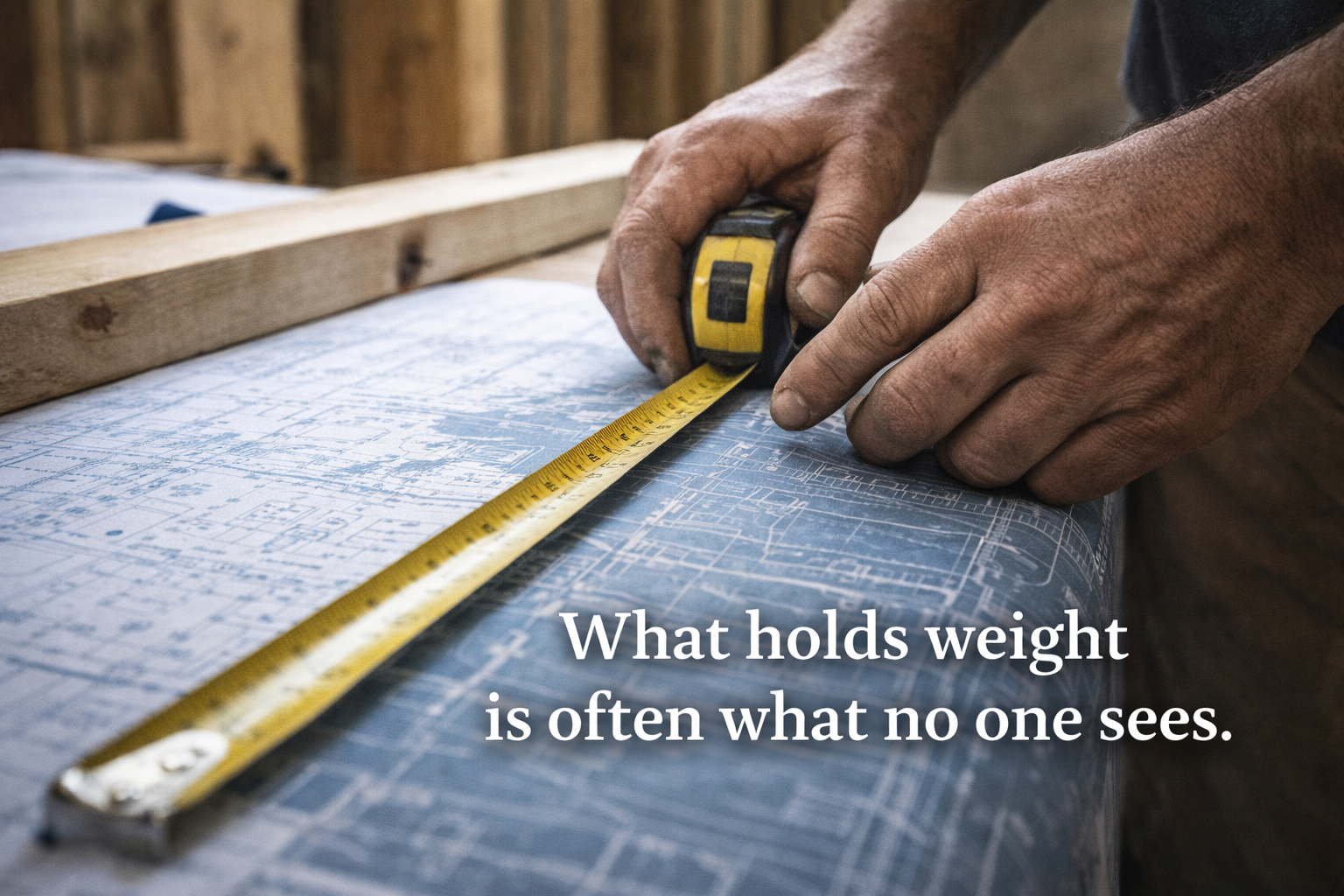 Close-up of hands measuring architectural blueprints, representing discipline, alignment, and the unseen work required to build strong foundations and lasting legacy.