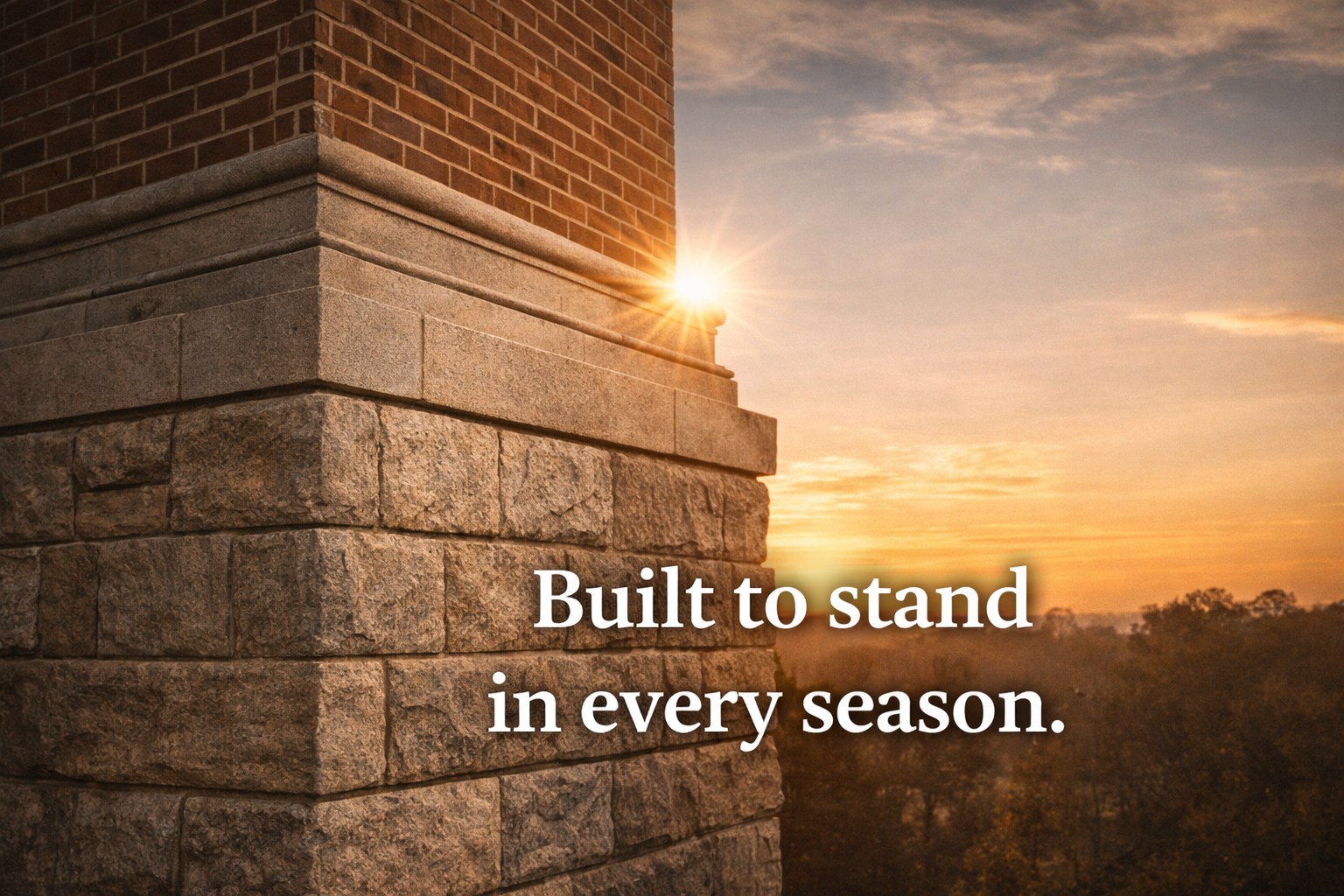 Stone building foundation at sunset symbolizing stability, endurance, and building legacy that stands strong in every season.