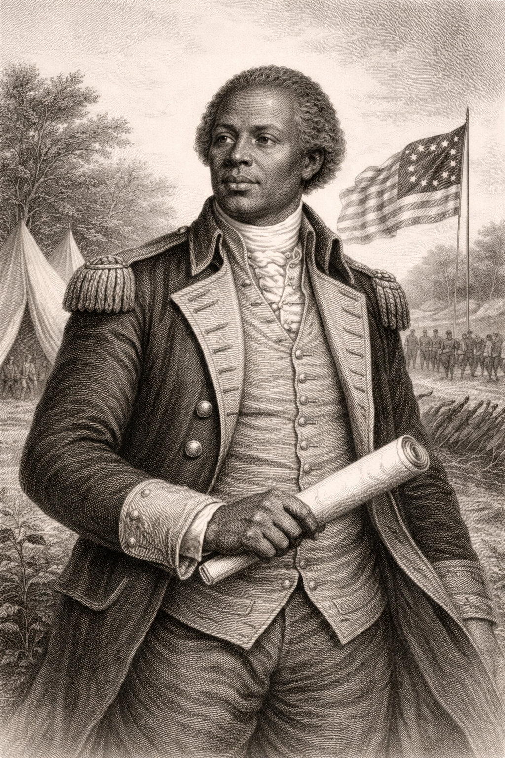 Engraving-style illustration of James Armistead Lafayette during the American Revolutionary War with a 13-star colonial flag and Yorktown camp in the background.