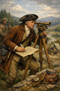 Illustration of young George Washington working as a land surveyor in colonial Virginia near the Rappahannock River